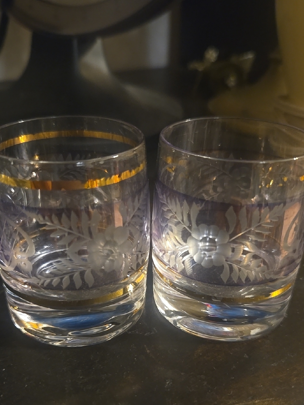 Vintage Lowball Tumblers Gold Frosted Band Mid Century blue Barware Set of 2